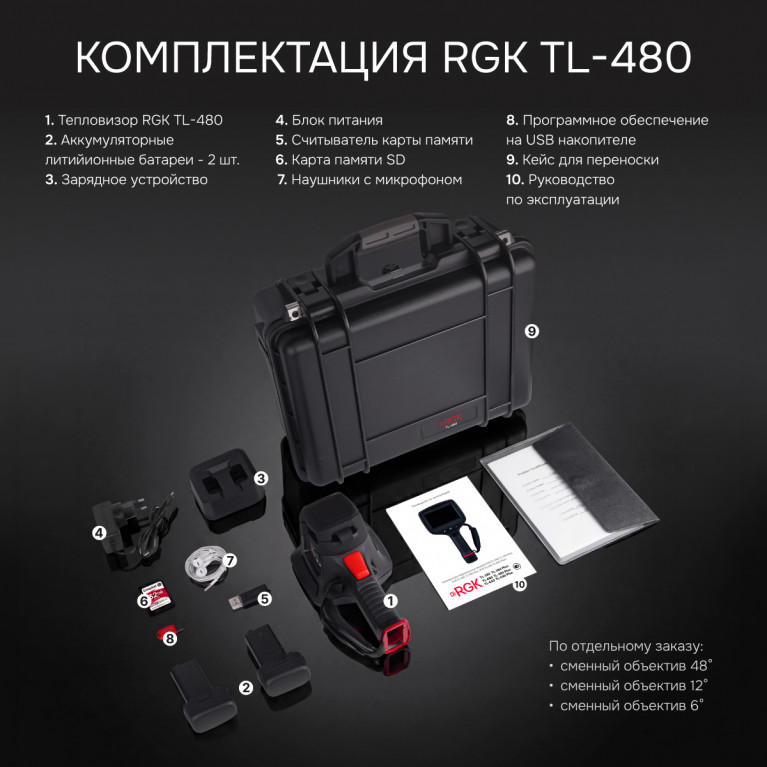 Тепловизор RGK TL-480 в комплекте с телеобъективом 6° и широкоугольным объективом 48°