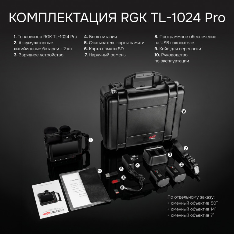 Тепловизор RGK TL-1024 Pro с поверкой в комплекте с телеобъективом 14° и широкоугольным объективом 50°